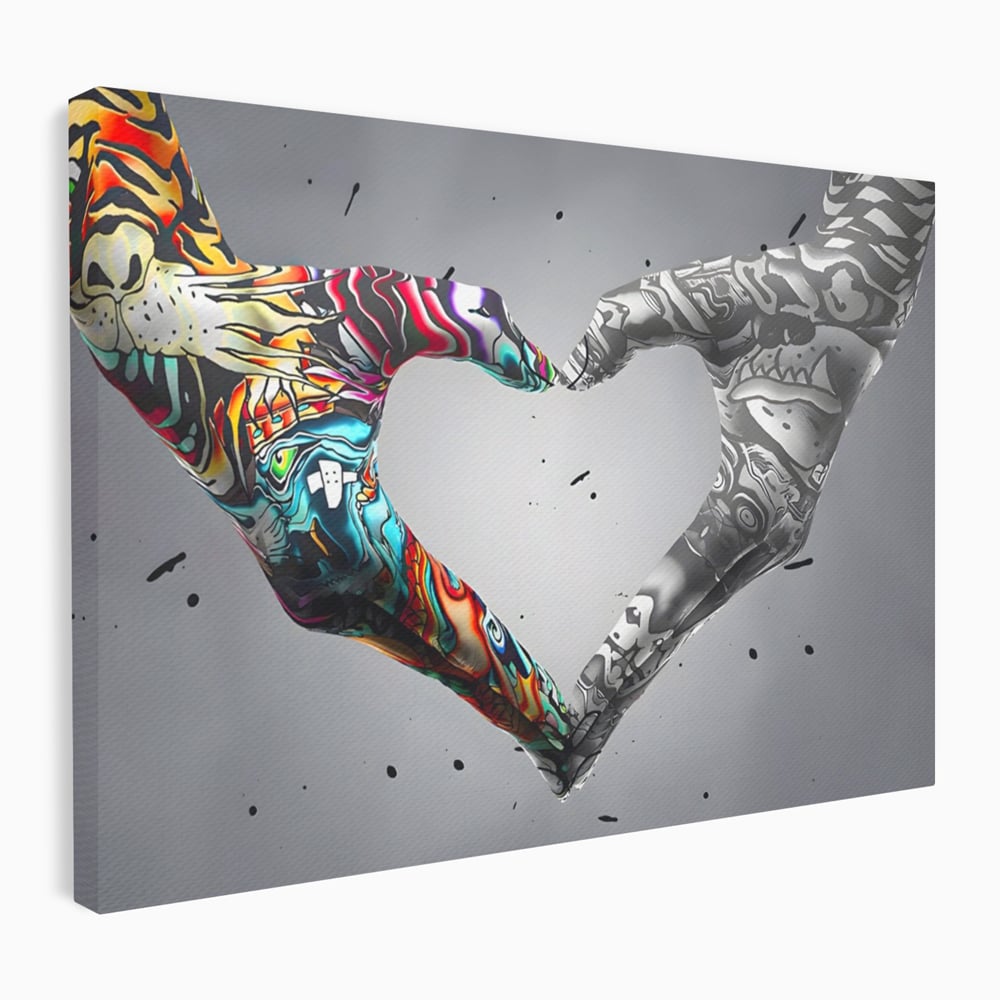 Tablou canvas cu tablou canvas cu maini in forma de inima stil grafitti, fara rama, pe sasiu de lemn